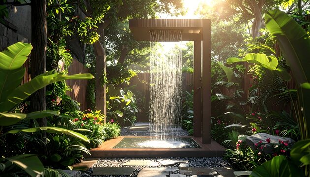 Outdoor shower area with lush tropical foliage and sunlight creating a zen and refreshing atmosphere - Powered by Adobe