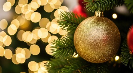 Golden Ornament Shining Brightly on a Festive Evergreen Branch