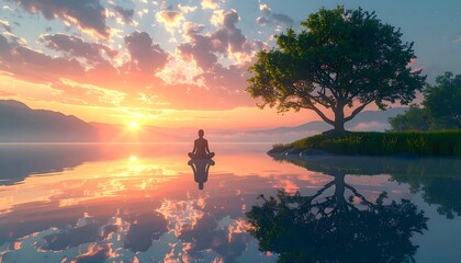 Person meditating on serene lake at sunset; water reflects sky