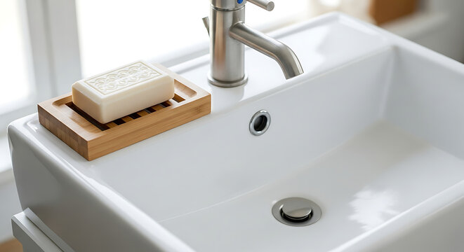 Close up of a white bathroom sink with a metal faucet and a soap dish holding a bar of soap next to window