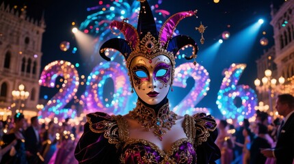 Elegant Woman in Colorful Mask at Festive Celebration Night Event