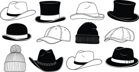 Collection of various hat styles including cowboy, top hat, cap, beanie, and fedora, classic fashion accessories, detailed black vector illustration