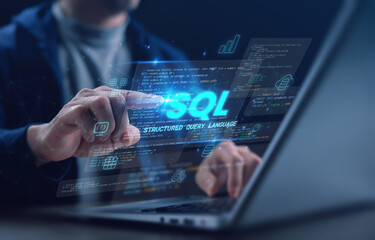 A developer using a laptop and digital SQL interface with code, tables, and data icons representing Structured Query Language. Ideal for database, programming, and IT technology concepts.