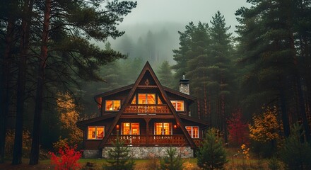 Cozy wooden cabin nestled amongst tall trees in a misty forest with warm lights glowing from windows.