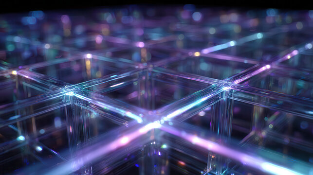 Abstract network of glowing purple and blue lights in a futuristic grid - Powered by Adobe