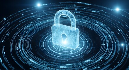 Digital padlock symbolizes data security and online protection in a futuristic network.