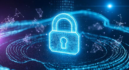 Digital padlock glowing with secure data streams, representing cybersecurity and network protection.