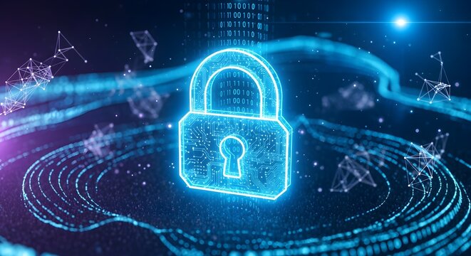 Digital padlock glowing with secure data streams, representing cybersecurity and network protection.
