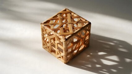 Abstract 3D cubic lattice of interwoven bamboo fibers in ochre-sienna tones, realistic weave with subtle shadows, isometric view on white, universal geometric sustainable design stock.