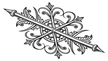 Ornate Medieval Decorative Element Vector, An intricate monochrome illustration of a medieval-style decorative element, featuring crossed arrows or spears adorned with swirling foliage