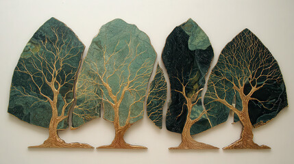 Abstract artwork of four stylized trees with textured green foliage