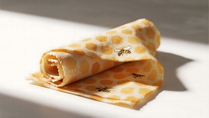 Beeswax food wrap, honeycomb eco cover, rolled cotton design, white isolated for kitchen sustainability marketing and product versatility.