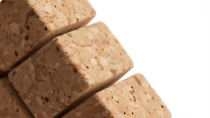 Recycled cork yoga block, sustainable fitness prop, textured natural surface, isolated white bg for yoga wellness marketing and product display.