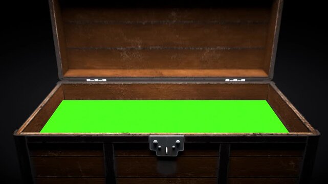 Open Wooden Chest with Vibrant Green Screen for Creative Video and Vdo Editing Rustic Texture and Unique Visual Element in Mysterious Setting