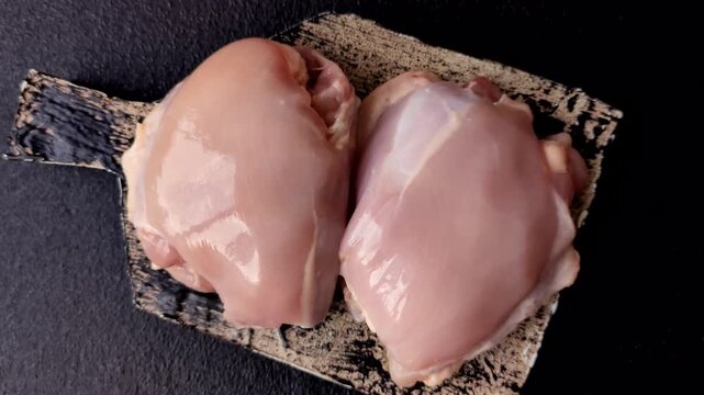 Chicken thigh fillet, skinless and boneless meat for grilling or barbecue. Chicken thigh fillet