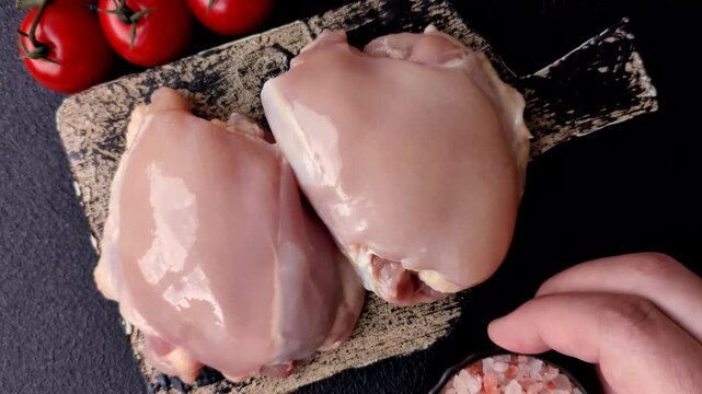 Chicken thigh fillet, skinless and boneless meat for grilling or barbecue. Chicken thigh fillet