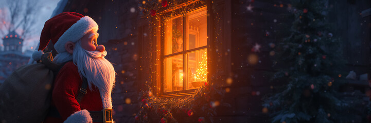 A cartoon Santa Claus stands near a country house looking out the window on a winter evening