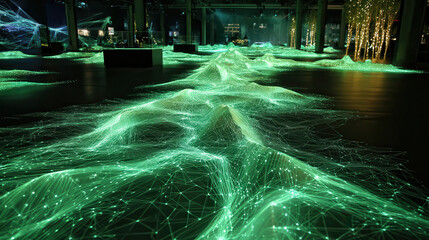 Bioluminescent river flowing through a dark futuristic environment