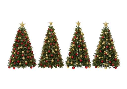 Four decorated christmas trees with gold stars on top, isolated on transparent background