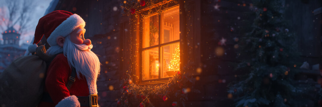 A cartoon Santa Claus stands near a country house looking out the window on a winter evening - Powered by Adobe