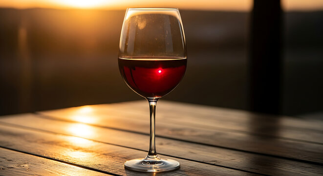 A glass of red wine sits on a wooden table with a blurred background and a golden sunset glow behind it