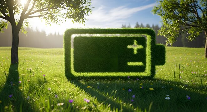 Green energy battery concept in nature environment grass field with flowers under sunlight