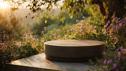 Tranquil garden scene with illuminated display pedestal