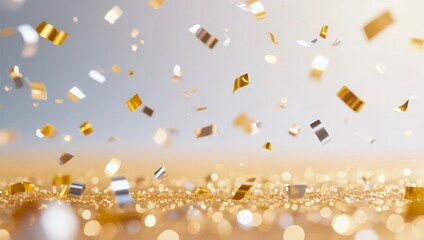 Gold and silver confetti is falling from the sky