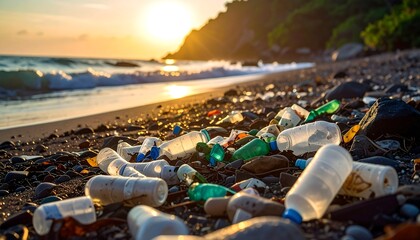 Plastic bottles scattered on a beach, with the sun setting over the water in the background
