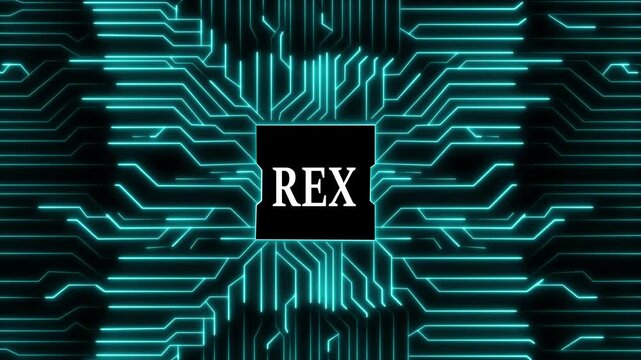 The glowing blue circuit board with the word rex in the center is a modern and futuristic design, perfect for technology, innovation, and digital themes, creating a visually striking image