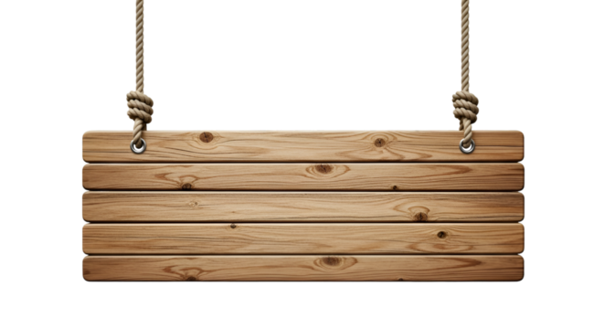 Wooden plank sign hanging by ropes graphic design
