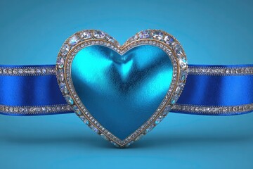 Shiny heart pendant with diamonds on blue ribbon against blue background.