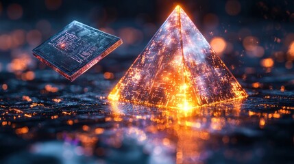 Abstract image of a glowing pyramid and a processor chip
