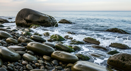 Ocean waves crashing on a rocky beach with large boulders covered in moss and seaweed at the shoreline
