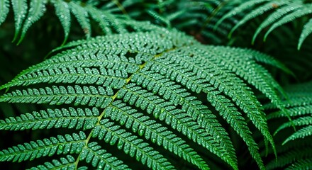 Green fern leaf with water droplets in natural rainforest environment growing wild macro shot