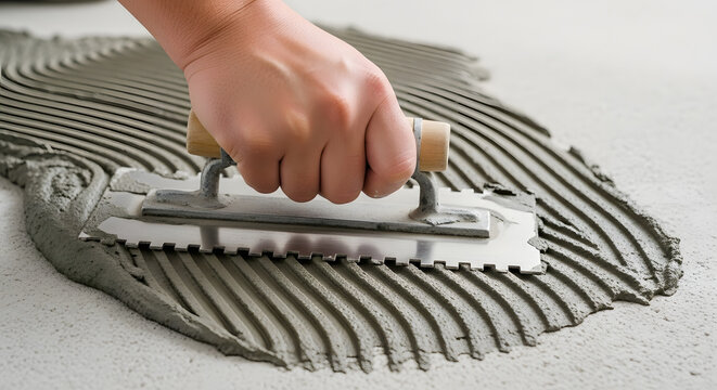 Hand using a notched trowel to spread adhesive before laying tiles, Professional tiling with a hand tool spreading adhesive for laying floor tiles, DIY home project