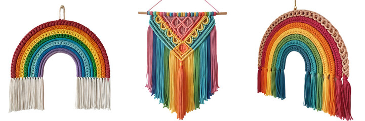  Set of A rainbow colored macrame isolated on a transparent background