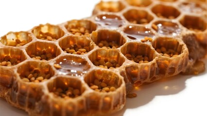 Intricate honeycomb lattice filled with glowing pollen grains in amber gold tones, isometric view on white background, abstract biology geometry for beekeeping trend marketing