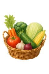 Watercolor clipart of vegetables in basket white background