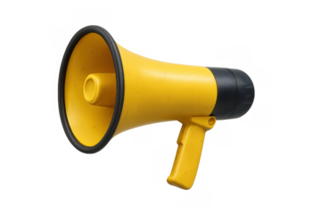 Yellow 3d megaphone creating loud alert, communication, and important message announcements on transparent background