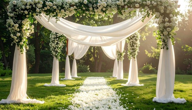 Outdoor wedding archway draped with white fabric and decorated with white flowers, standing on a green lawn
