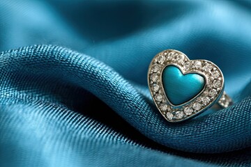 Fototapeta premium Heart-shaped ring with turquoise stone and diamonds on satin.