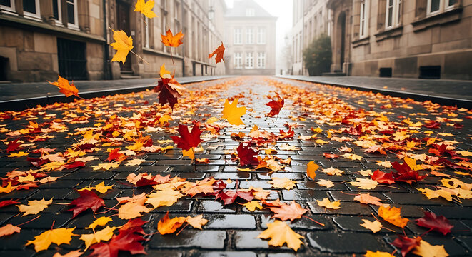 Autumn leaves falling on a wet cobblestone street in a european city on a foggy day in the fall season
