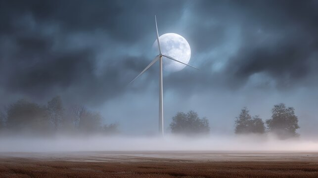 A solitary wind turbine stands tall in a misty field under a large luminous moon on a dark cloudy night - Powered by Adobe
