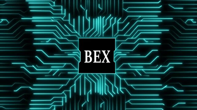 Modern circuit board with the word bex in the middle, symbolizing technology, innovation, and digital connectivity in a futuristic world, creating a visually appealing and dynamic image