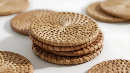Stacked seagrass woven coasters, natural eco tableware, textured organic design, isolated on white for home decor branding and marketing flexibility