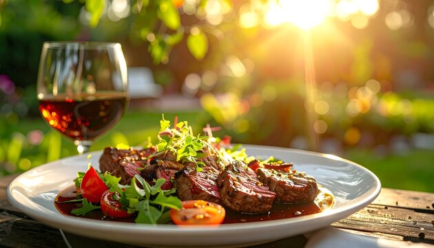 Plate of sliced beef tenderloin with salad and glass of red wine, outdoors with bright sunlight in a green garden - Powered by Adobe