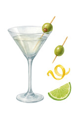 Watercolor martini cocktail clipart set white background