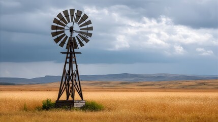 A lone vintage windmill stands in a vast golden field under a dramatic cloudy sky