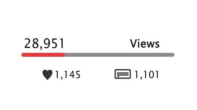 Online Views Count Increasing Animation with comment and like counter on white background

